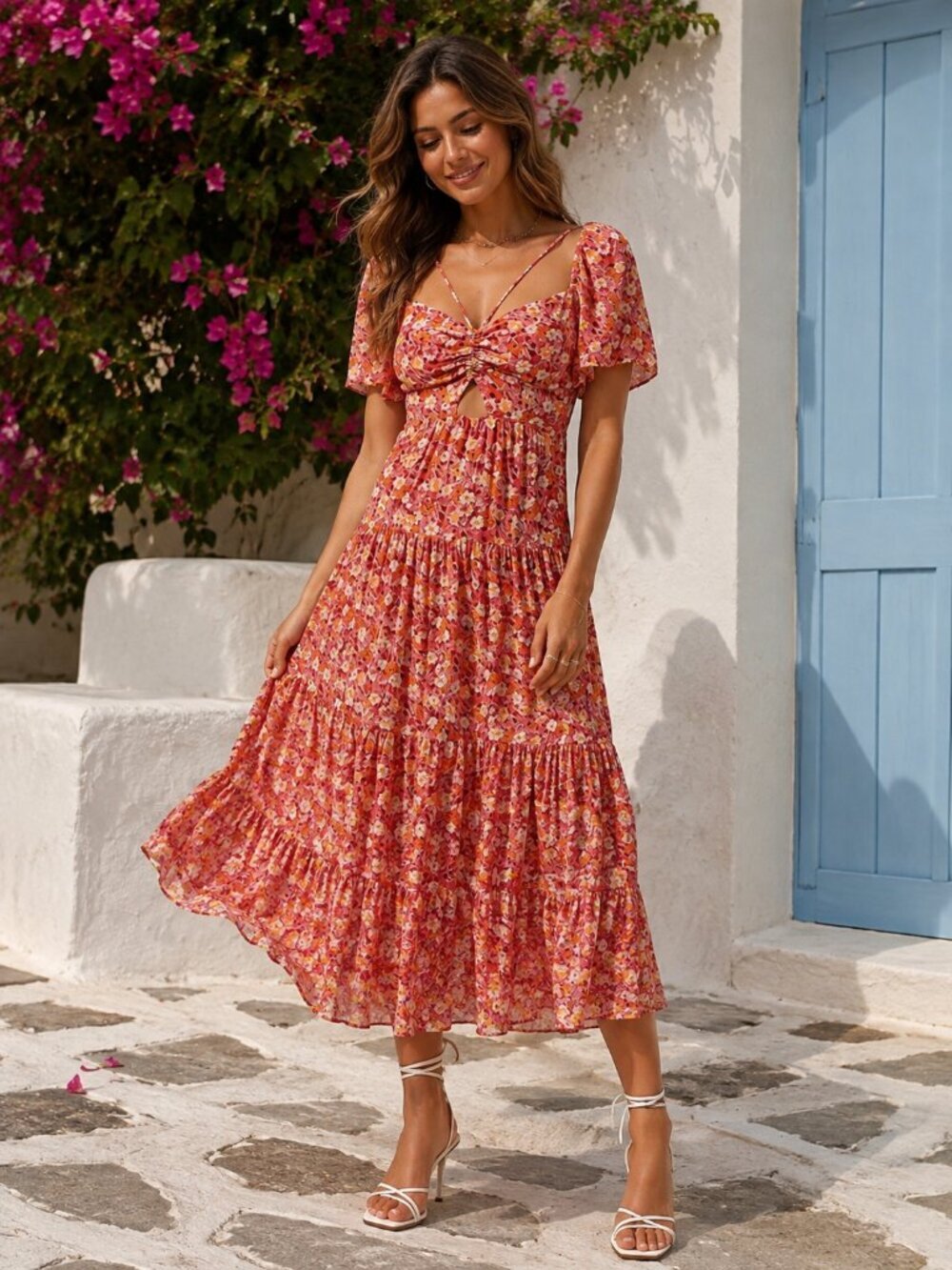 ASTR Cinched Bust Cut Out Center Dress in Red Multi Floral Size Small NWT